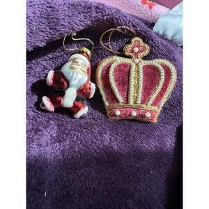 BRITISH RED CROWN BEADED ORNAMENT SET OF 2 Santa And Crown